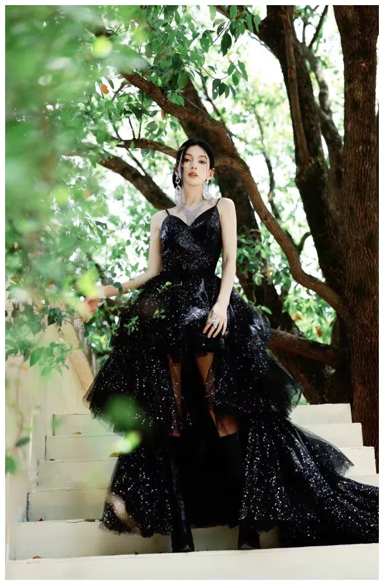 Sparkly Ball Gown Spaghetti Tiered Black Train Prom Dress Custom