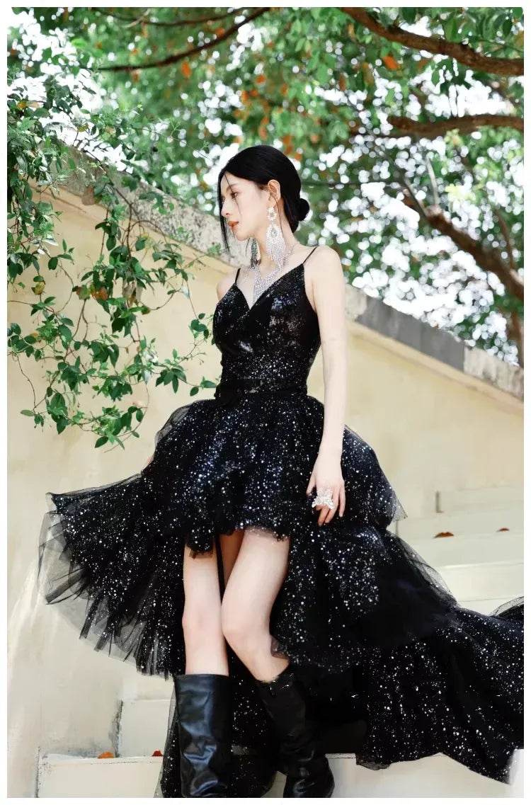 Sparkly Ball Gown Spaghetti Tiered Black Train Prom Dress Custom