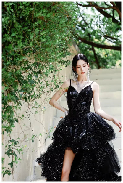 Sparkly Ball Gown Spaghetti Tiered Black Train Prom Dress Custom