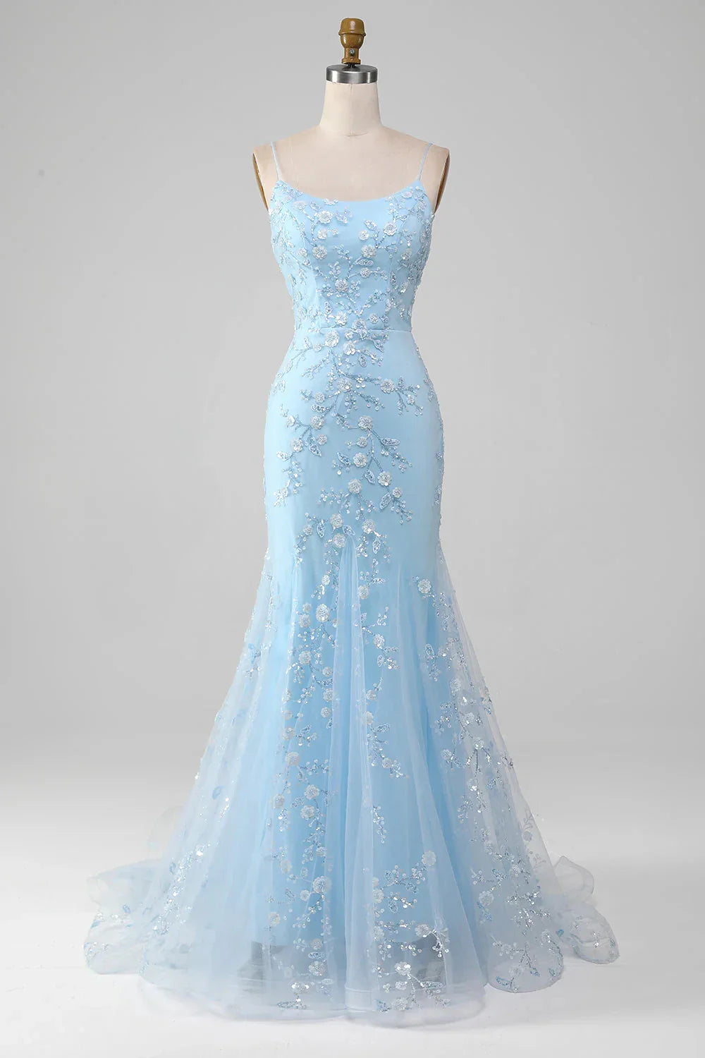 Sparkly Light Blue Mermaid Beaded Long Prom Dress With Appliques