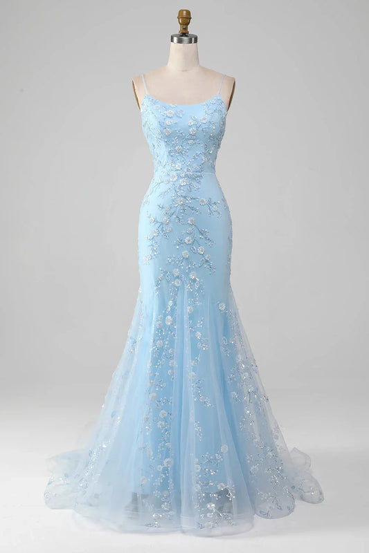 Sparkly Light Blue Mermaid Beaded Long Prom Dress With Appliques