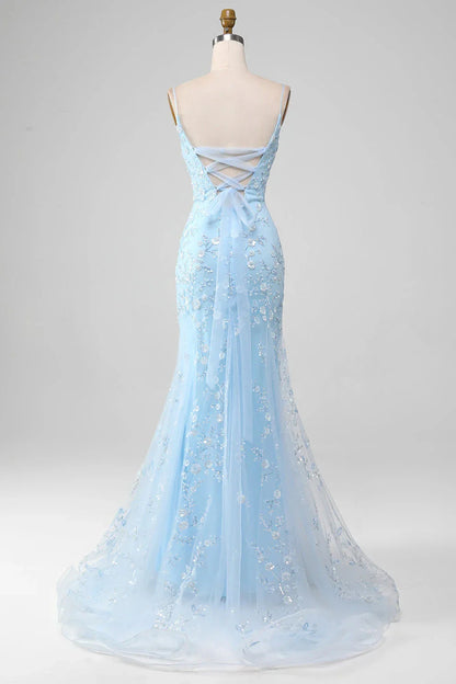 Sparkly Light Blue Mermaid Beaded Long Prom Dress With Appliques