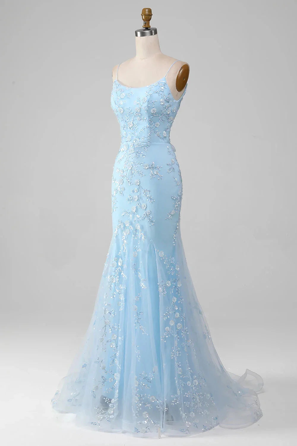 Sparkly Light Blue Mermaid Beaded Long Prom Dress With Appliques