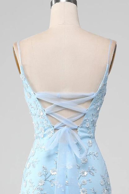 Sparkly Light Blue Mermaid Beaded Long Prom Dress With Appliques