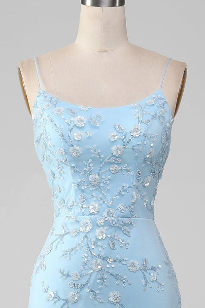 Sparkly Light Blue Mermaid Beaded Long Prom Dress With Appliques