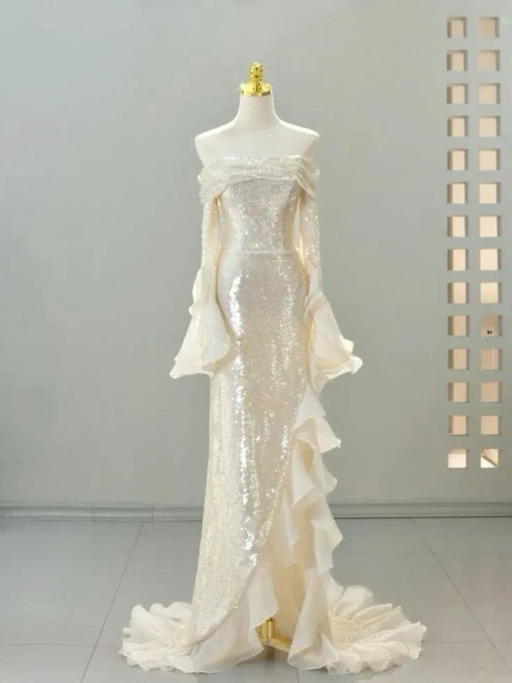 Sparkly Mermaid Off Shoulder Ruffle Sequin Ivory Long Prom Dresses