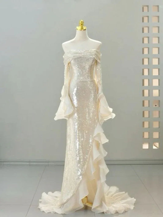 Sparkly Mermaid Off Shoulder Ruffle Sequin Ivory Long Prom Dresses
