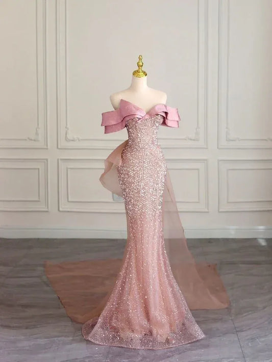 Sparkly Mermaid Off Shoulder Sequin Bow Pink Long Evening Dresses