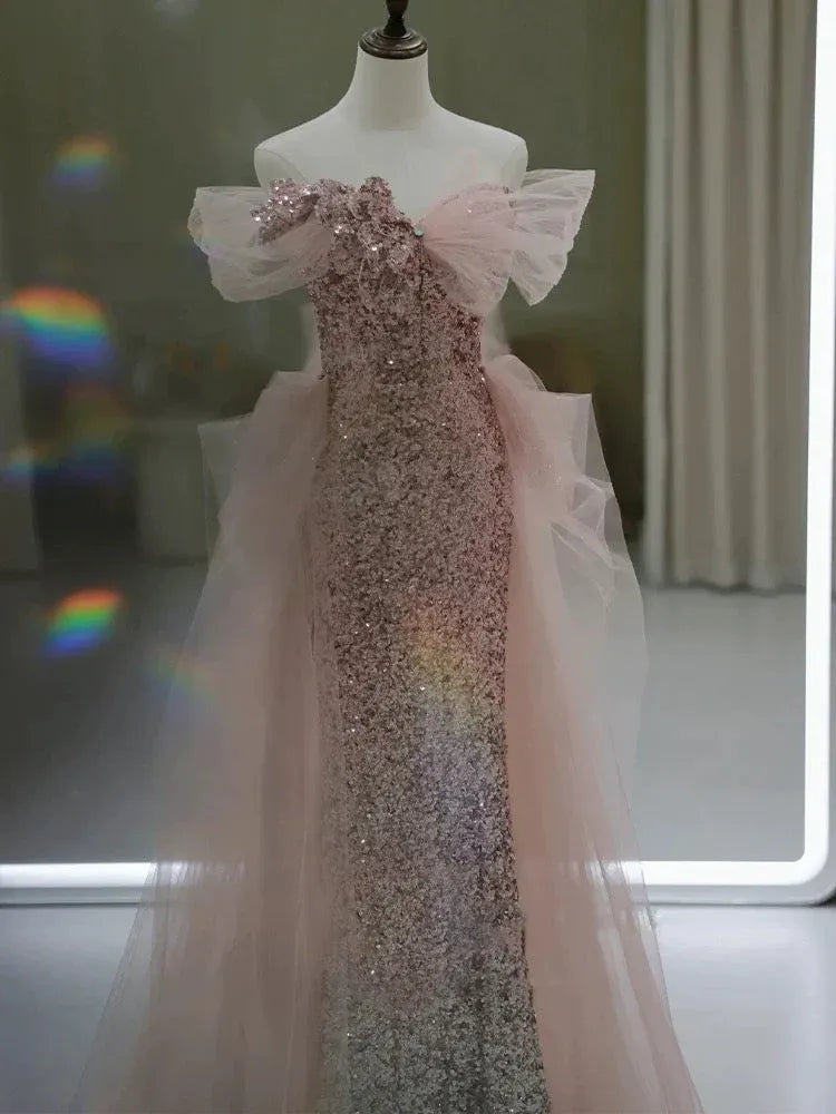 Sparkly Mermaid Off Shoulder Tulle Sequin Pink Long Evening Dresses