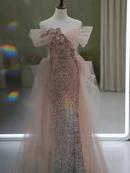 Sparkly Mermaid Off Shoulder Tulle Sequin Pink Long Evening Dresses