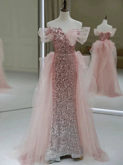 Sparkly Mermaid Off Shoulder Tulle Sequin Pink Long Evening Dresses