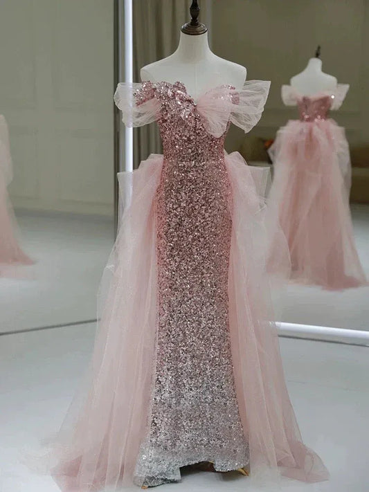 Sparkly Mermaid Off Shoulder Tulle Sequin Pink Long Evening Dresses