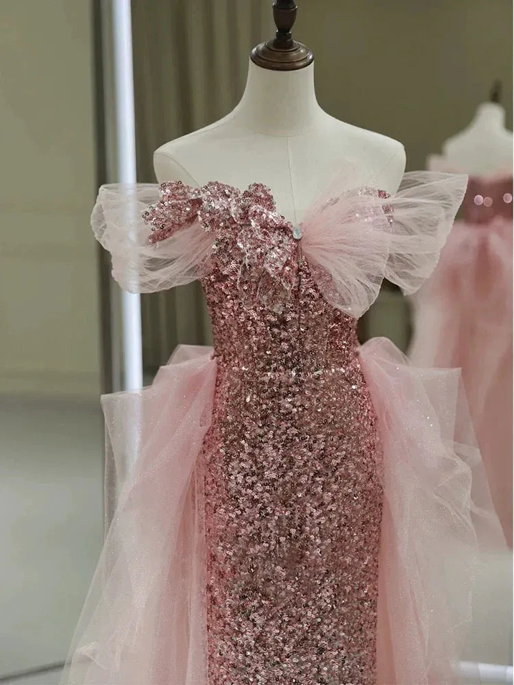 Sparkly Mermaid Off Shoulder Tulle Sequin Pink Long Evening Dresses