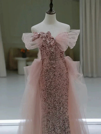 Sparkly Mermaid Off Shoulder Tulle Sequin Pink Long Evening Dresses