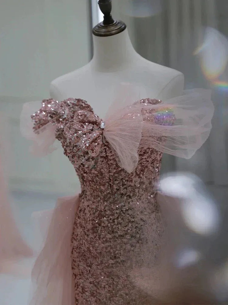 Sparkly Mermaid Off Shoulder Tulle Sequin Pink Long Evening Dresses