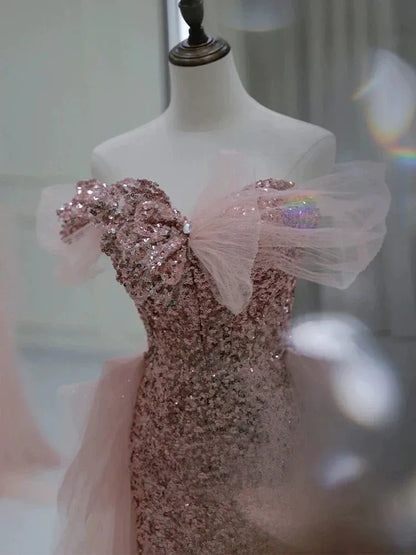 Sparkly Mermaid Off Shoulder Tulle Sequin Pink Long Evening Dresses