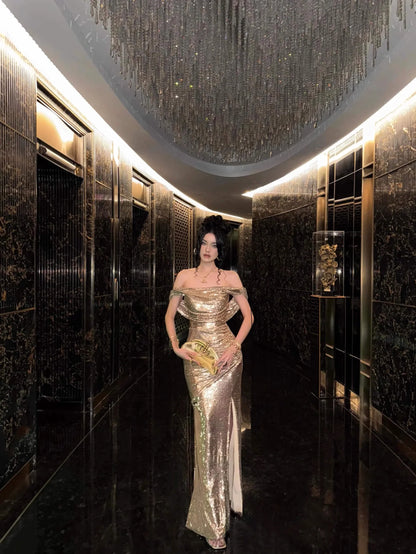 Sparkly Mermaid Off the Shoulder Sleeveless Backless Floor-Length Prom Dress