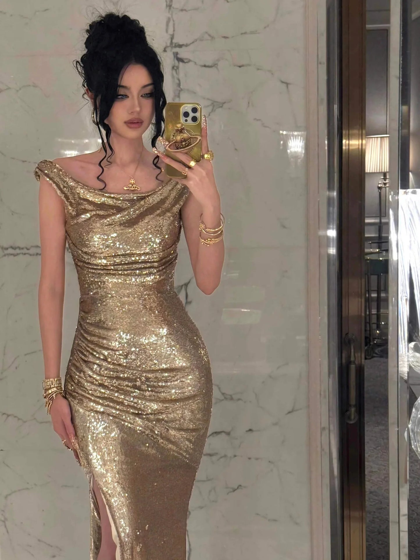 Sparkly Mermaid Off the Shoulder Sleeveless Backless Floor-Length Prom Dress