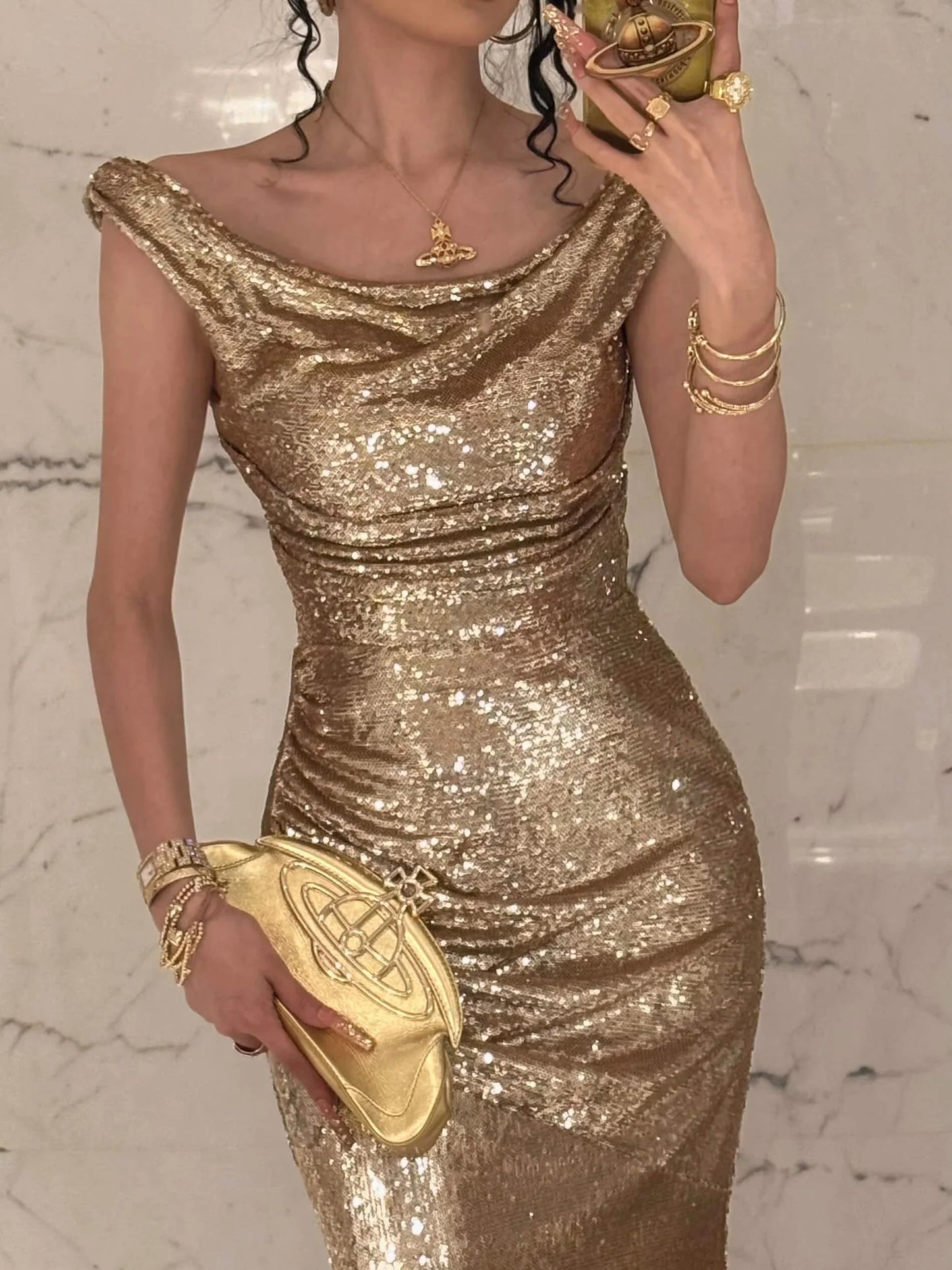 Sparkly Mermaid Off the Shoulder Sleeveless Backless Floor-Length Prom Dress