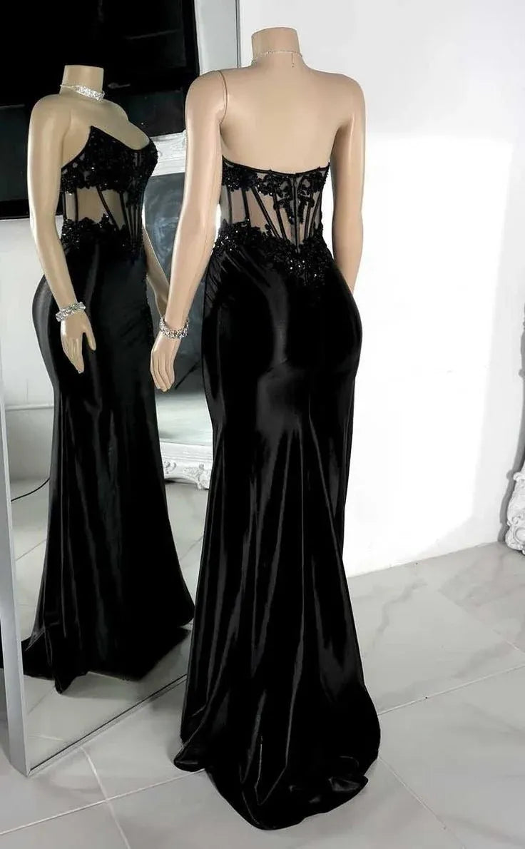 Sparkly Mermaid Strapless Sleeveless Slit Satin Sweep/Brush Train Prom Dress