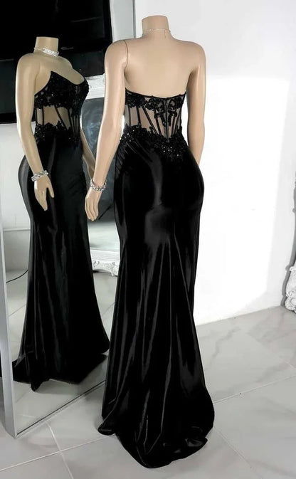 Sparkly Mermaid Strapless Sleeveless Slit Satin Sweep/Brush Train Prom Dress