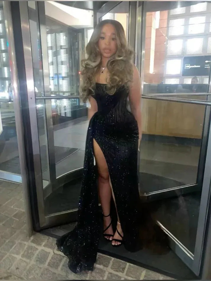 Sparkly Off the Shoulder Sleeveless Mermaid Sequins Long Prom Dress