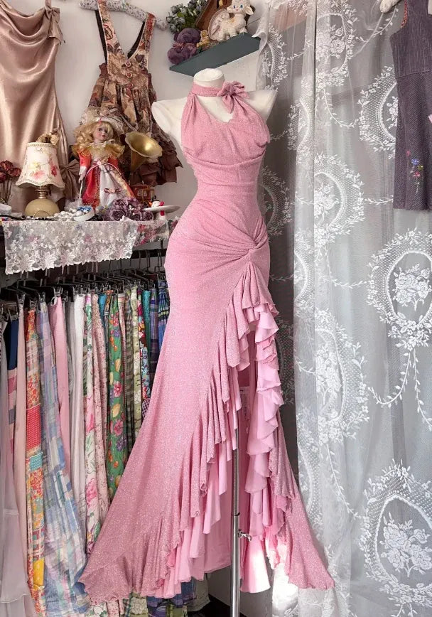 Sparkly Pink Halter Ruffle Mermaid Satin Maxi Party Dress