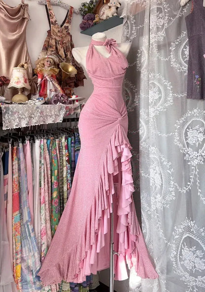 Sparkly Pink Halter Ruffle Mermaid Satin Maxi Party Dress