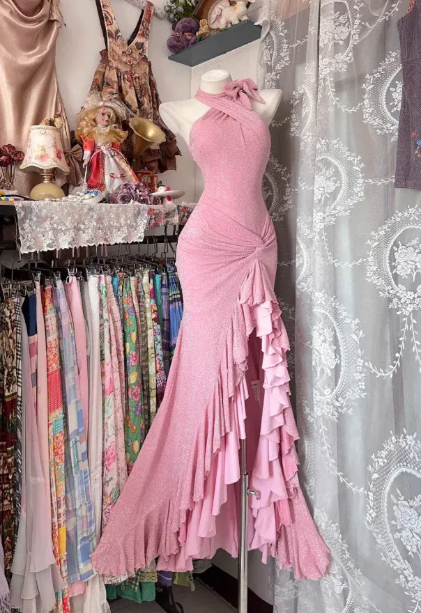 Sparkly Pink Halter Ruffle Mermaid Satin Maxi Party Dress