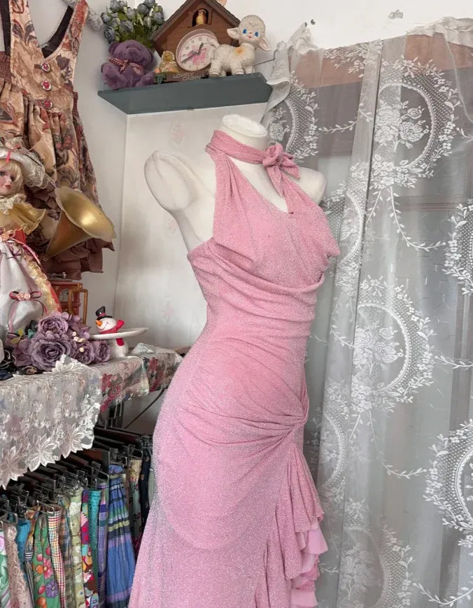 Sparkly Pink Halter Ruffle Mermaid Satin Maxi Party Dress