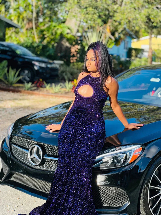 Sparkly Purple Sequined Prom Dresses Black Girls Mermaid Formal Dress