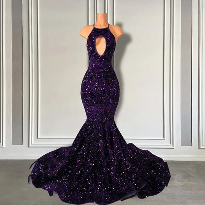 Sparkly Purple Sequined Prom Dresses Black Girls Mermaid Formal Dress