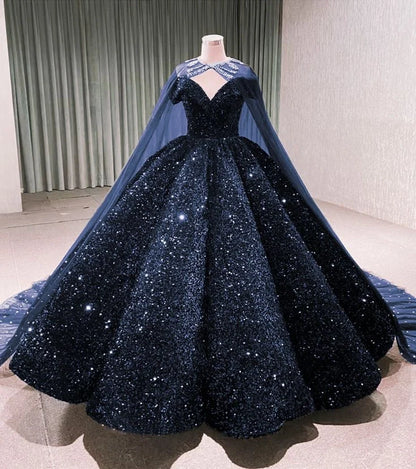 Sparkly Sequin Black Wedding Dress with Cape Off Shoulder Puffy Ball Gowns
