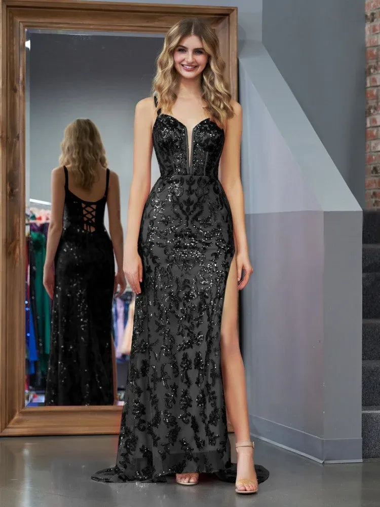 Sparkly Sheath Spaghetti Straps Sleeveless Sequins Slit Floor-Length Prom Dress