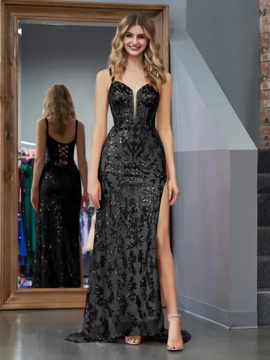 Sparkly Sheath Spaghetti Straps Sleeveless Sequins Slit Floor-Length Prom Dress