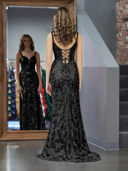 Sparkly Sheath Spaghetti Straps Sleeveless Sequins Slit Floor-Length Prom Dress