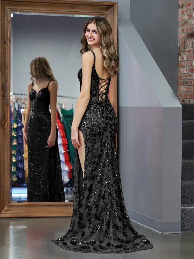 Sparkly Sheath Spaghetti Straps Sleeveless Sequins Slit Floor-Length Prom Dress