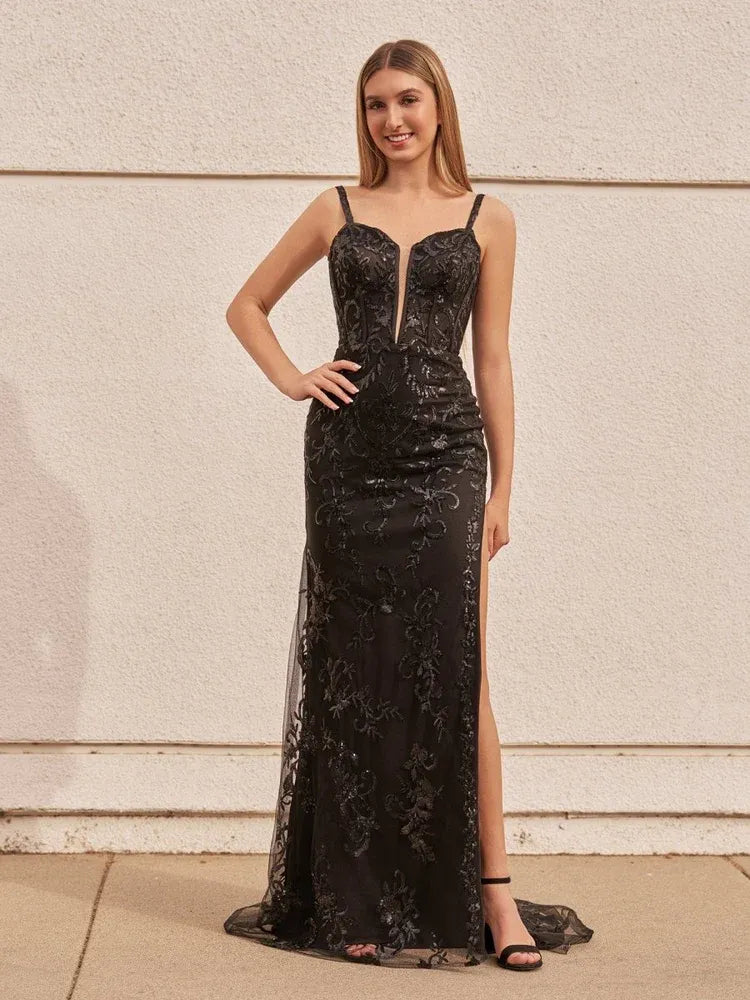 Sparkly Sheath Spaghetti Straps Sleeveless Sequins Slit Floor-Length Prom Dress