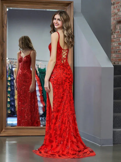 Sparkly Sheath Spaghetti Straps Sleeveless Sequins Slit Floor-Length Prom Dress