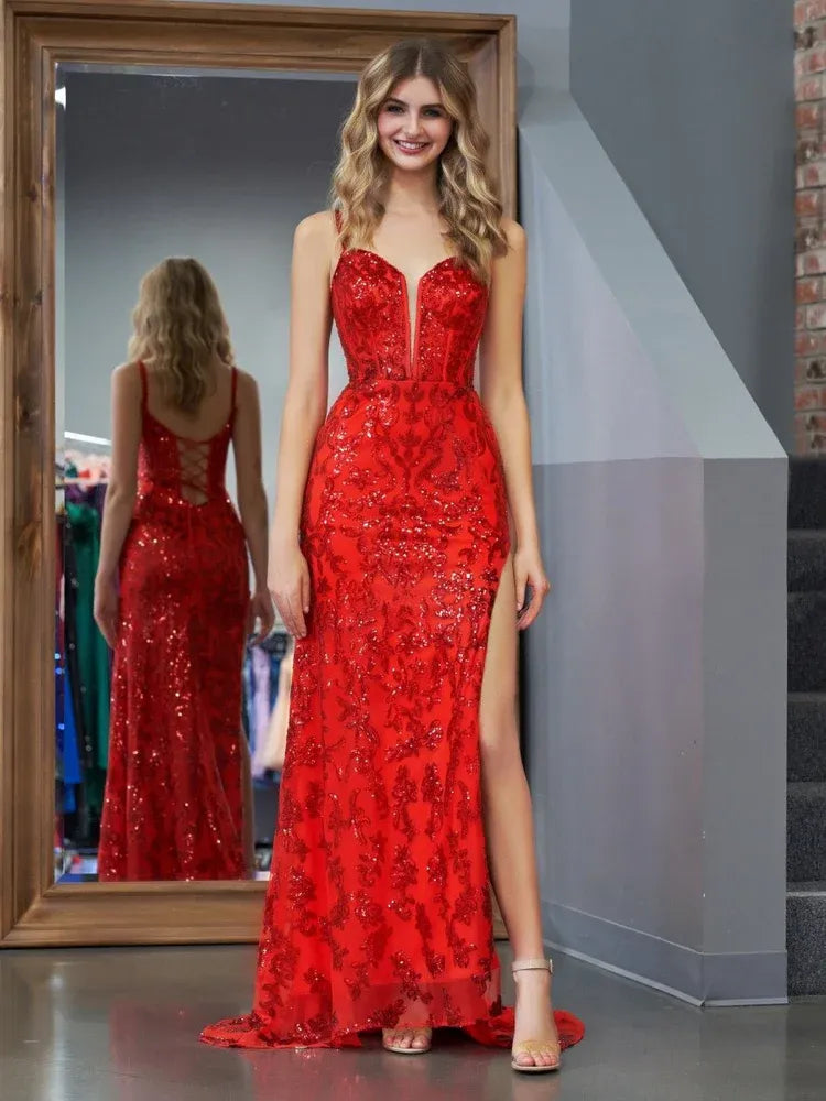 Sparkly Sheath Spaghetti Straps Sleeveless Sequins Slit Floor-Length Prom Dress