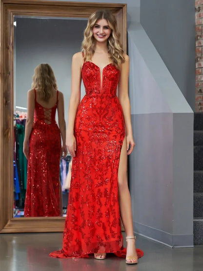 Sparkly Sheath Spaghetti Straps Sleeveless Sequins Slit Floor-Length Prom Dress