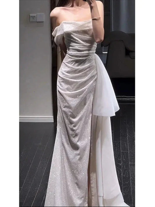 Sparkly Strapless Sleeveless Fitted Sequins Slit Sweep Train Prom Dress