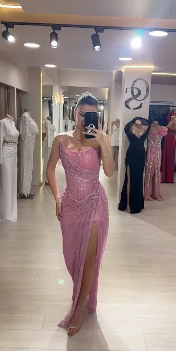 Sparkly Strapless Sleeveless Sheath Sequins Pleated Floor-Length Prom Dress