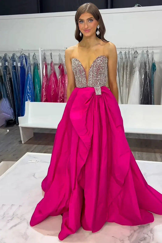 Glamorous Ball Gown Strapless Crystal-Embellished Open-Back Floor-Length Prom Dress