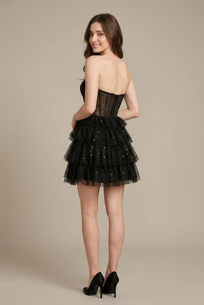 Sparkly A-Line Strapless Corset Tiered Sequins Tulle Black Mini Homecoming Dress