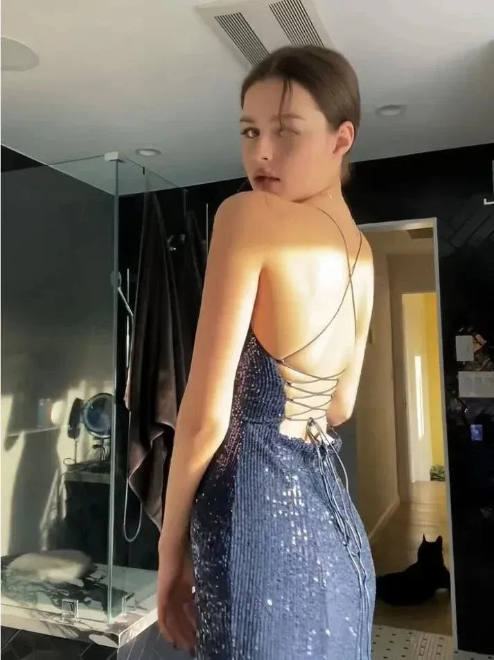 Sparkly Mermaid Spaghetti Straps Sleeveless Lace Up Floor-Length Prom Dress