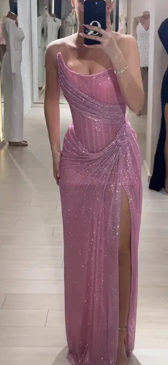 Sparkly Strapless Sleeveless Sheath Sequins Pleated Floor-Length Prom Dress