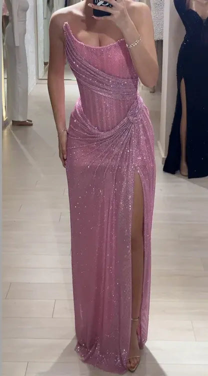 Sparkly Strapless Sleeveless Sheath Sequins Pleated Floor-Length Prom Dress