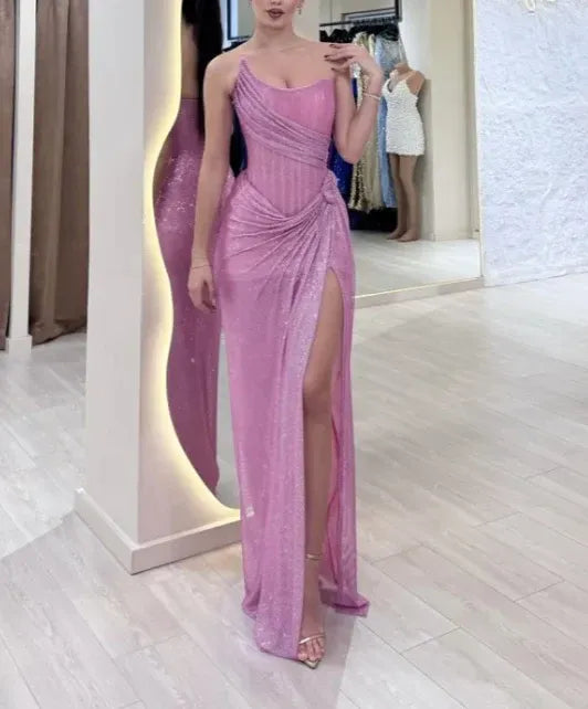Sparkly Strapless Sleeveless Sheath Sequins Pleated Floor-Length Prom Dress