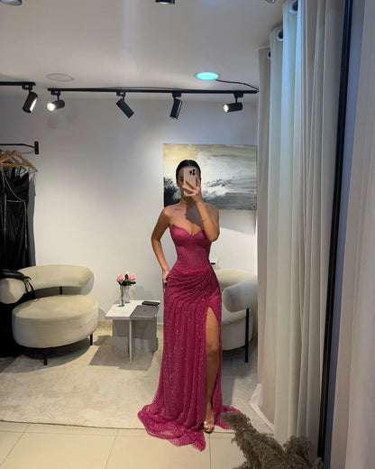 Sparkly Sweetheart Sleeveless Sheath Sequins Ruched  Sweep Train Prom Dress